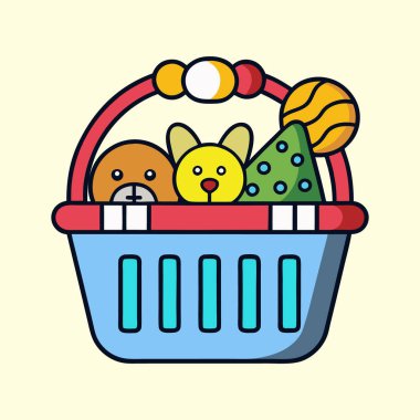 Oyuncak sepeti şirin peluş hayvanlarla ve renkli resimlerle dolup taşıyor.