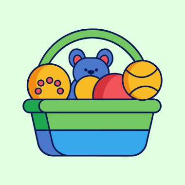 Mavi bir oyuncak ayı ve toplarla dolu renkli bir sepet.