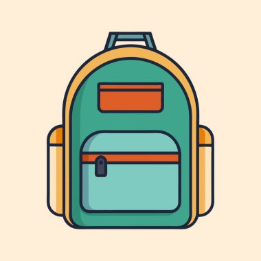 Çizgi film tarzı deniz mavisi ve turuncu sırt çantalı şirin bir tasarım estetiği var.