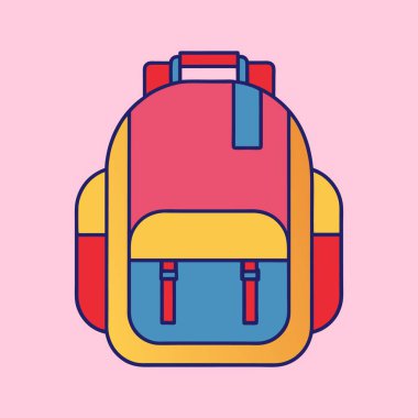 Geçmişe dönük renk paleti ve temiz çizgi sanat tarzıyla canlı sırt çantası çizimi