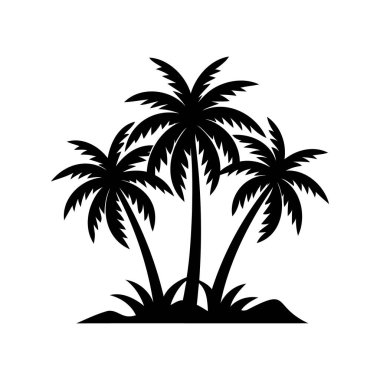 Üç palmiye ağacı ve bitki örtüsü olan tropikal bir adanın silueti.