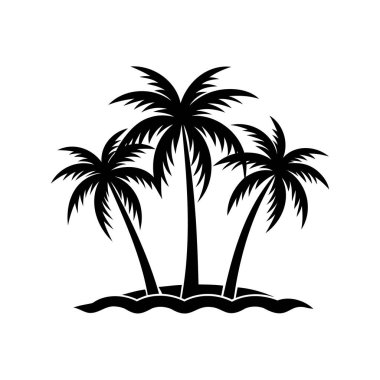 Küçük bir adada üç palmiye ağacı beyaz üzerinde izole edilmiş grafik silueti
