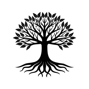 Beyaz arka planda kökleri ve yaprakları olan zarif siyah ağaç silueti.