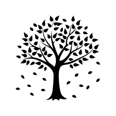 Siyah ve beyaz yaprakları dökülen bir ağacın silüeti.