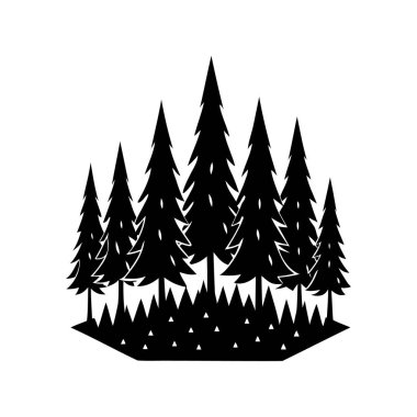 Düz bir vektör dizaynında yoğun çam ağacı ormanının tek renkli çizimi