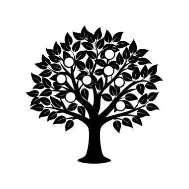 Beyaz arka planda meyve taşıyan bir ağacın siyah silüeti