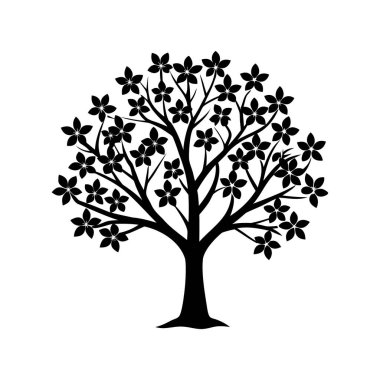 Siyah ve Beyaz Yıldızlı Çiçeklerle Çiçeklenmiş Çiçek Ağacının Silueti