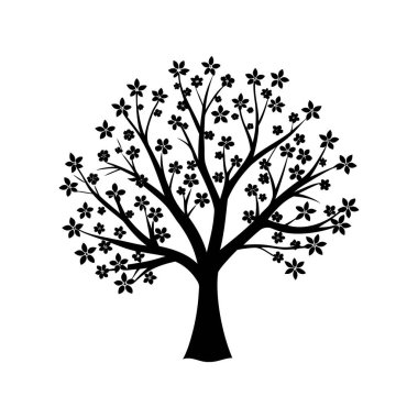 Yoğun ve güzel bir tacı olan çiçek açan bir ağacın silueti.