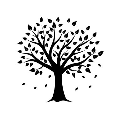 Tek renkli ağaç silueti, yapraklar dökülüyor, beyaz üzerine izole edilmiş.