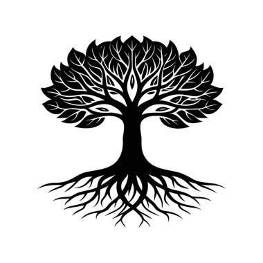 Kökleri ve Yaprakları Vektör Resimleriyle Şekillendirilmiş Siyah ve Beyaz Ağaç