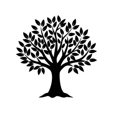Yapraklı stilize vektör ağacı, siyah siluette doğanın güzelliğini gösteriyor.