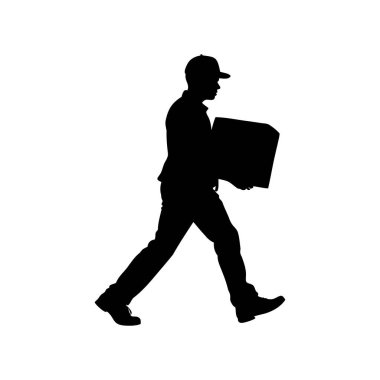 Teslimatçının silueti beyaz arka planda basit sanat eserleri taşıyan bir kutu taşıyor.