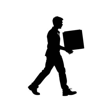 Beyaz bir arka planda yürüyen, kutu taşıyan bir adamın silüeti.