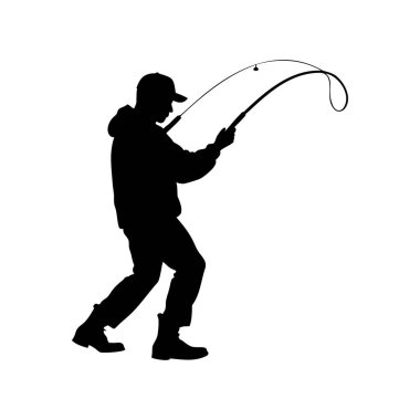 Bir balıkçının silueti oltayla büyük bir balık tutuyor.