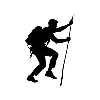 Sırt çantası ve yürüyüş sopasıyla tırmanan kararlı bir yürüyüşçünün silueti.