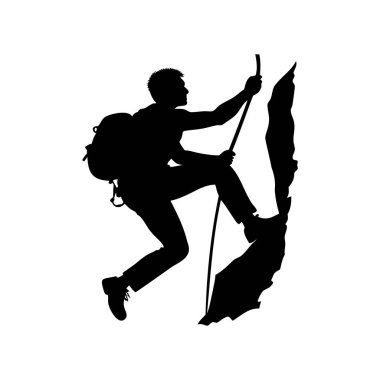 Bir sırt çantasının silueti yamaç direğiyle kayalık bir uçuruma tırmanıyor.