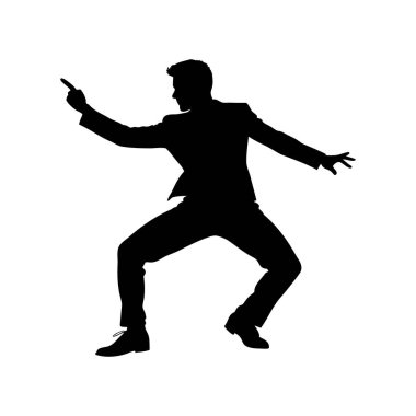 Dans eden ve işaret eden takım elbiseli bir adamın enerjik silueti.