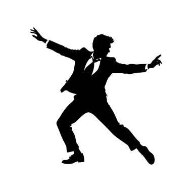 Havada duran, resmi giyinmiş bir sanatçının silueti.