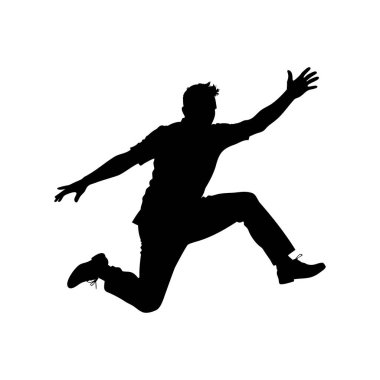 Heyecandan zıplayan, bir kolunu muzaffer bir şekilde kaldıran bir adamın silüeti.