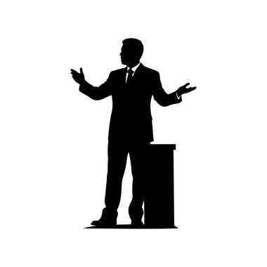 Takım elbiseli adamın silueti podyumda konuşma yapıyor.