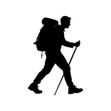 Sırt çantalı ve bastonlu bir yürüyüşçünün silueti.