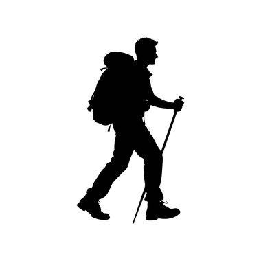 Sırt çantalı ve beyaz üzerinde yürüyüş direği olan bir erkek yürüyüşçünün silueti.