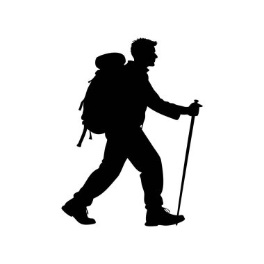 Sırt çantalı ve yürüyüş direkli bir yürüyüşçünün silueti.