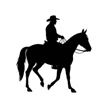 Beyaz arka planda ata binen bir kovboyun silueti.