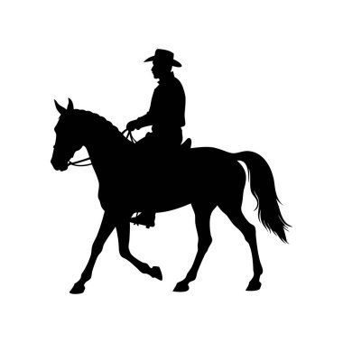Beyaz arka planda ata binen kovboy silueti, vektör sanatı