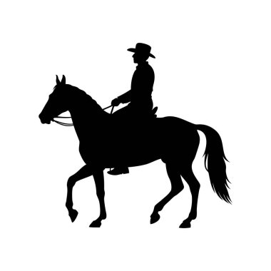 Beyaz arka planda at süren bir kovboyun silueti.