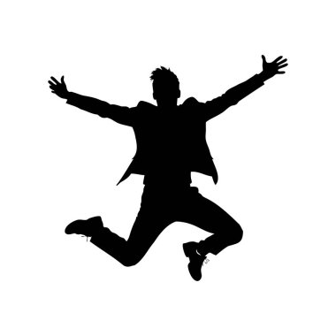 Bir adamın silueti kolları açık havaya zıplıyor, kutlama yapıyor.