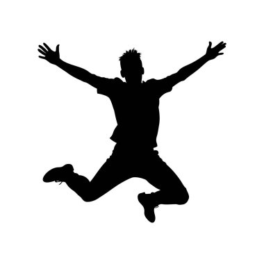 Neşeli bir adamın silueti kollarını açarak beyaz arka plana doğru atlıyor.