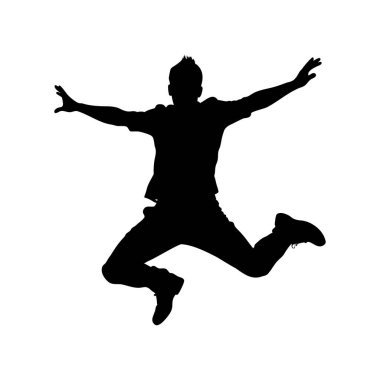 Kollarını açıp atlayan, özgürlük ve neşe saçan bir adamın silueti.