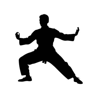 Dövüş sanatları pratisyeninin silueti açık elle savunma duruşunu icra ediyor.