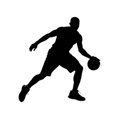 Basketbolcu hareket halinde, topu siluet stilinde ustalıkla sürüyor.