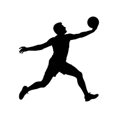 Havada basketbol topu yakalayan bir basketbolcunun silueti.