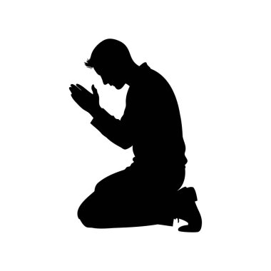 Diz çöküp dua eden bir adamın silueti, beyaz bir arka planda izole edilmiş.