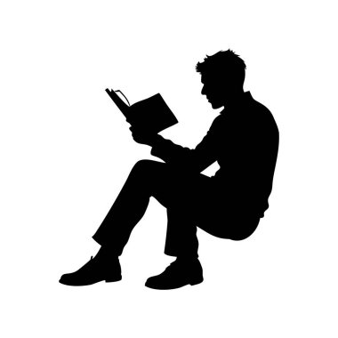 Düşüncelere dalmış oturmuş kitap okuyan bir adamın silüeti.