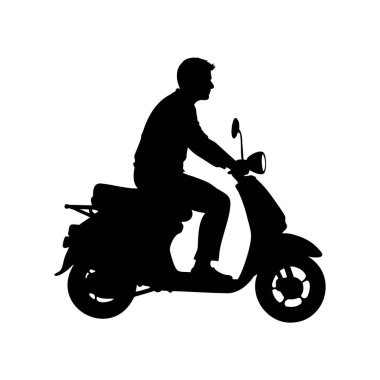 Beyaz arka planda motosiklet süren bir adamın silüeti.