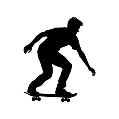 Bir kaykaycının silueti dinamik bir pozla bir numara yapıyor.