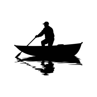 Suda yansımaları olan bir sandalda kürek çeken bir adamın silueti.