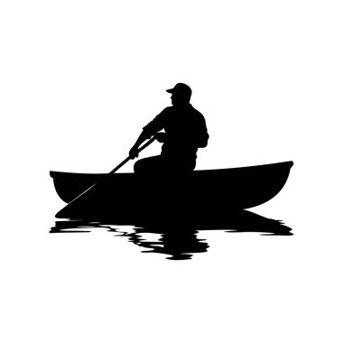 Gölde siyah bir sandalda kürek çeken bir adamın silueti.