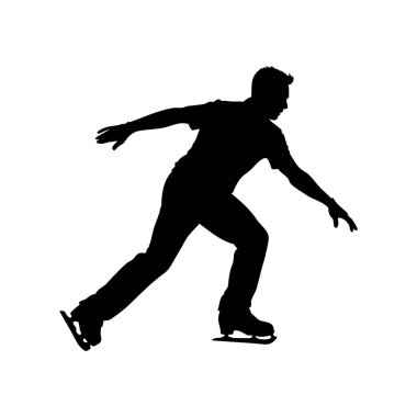 Beyaz arka planda buz pateni yapan bir adamın siyah silüeti.