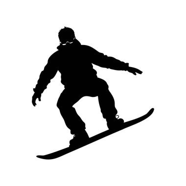 Bir snowboardcunun silueti beyaz arka planda bir numara yapıyor.
