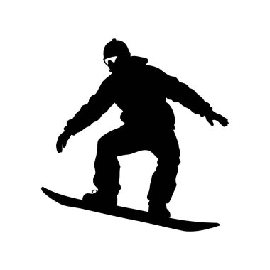 Kar kaykaycısının silueti, beyaz bir arkaplanda sıçrama yapıyor.