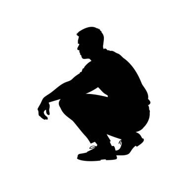 Beyaz arkaplana karşı düşünceli bir ifadeyle çömelmiş bir kişinin silueti