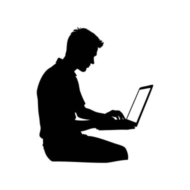 Beyaz arka planda dizüstü bilgisayar kullanan odaklanmış bir adamın silueti.