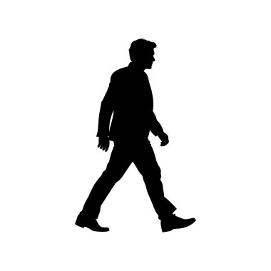Beyaz arka planda, güvenle yürüyen bir adamın silüeti.