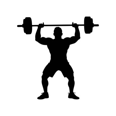 Spor salonunda halter kaldıran kaslı adamın silueti, fitness gücü.