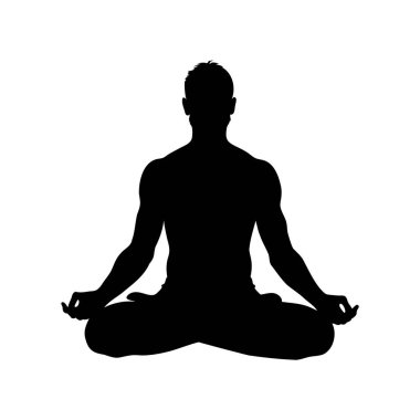 Nilüferde meditasyon yapan bir adamın siyah silüeti beyaz arka planda poz verir.